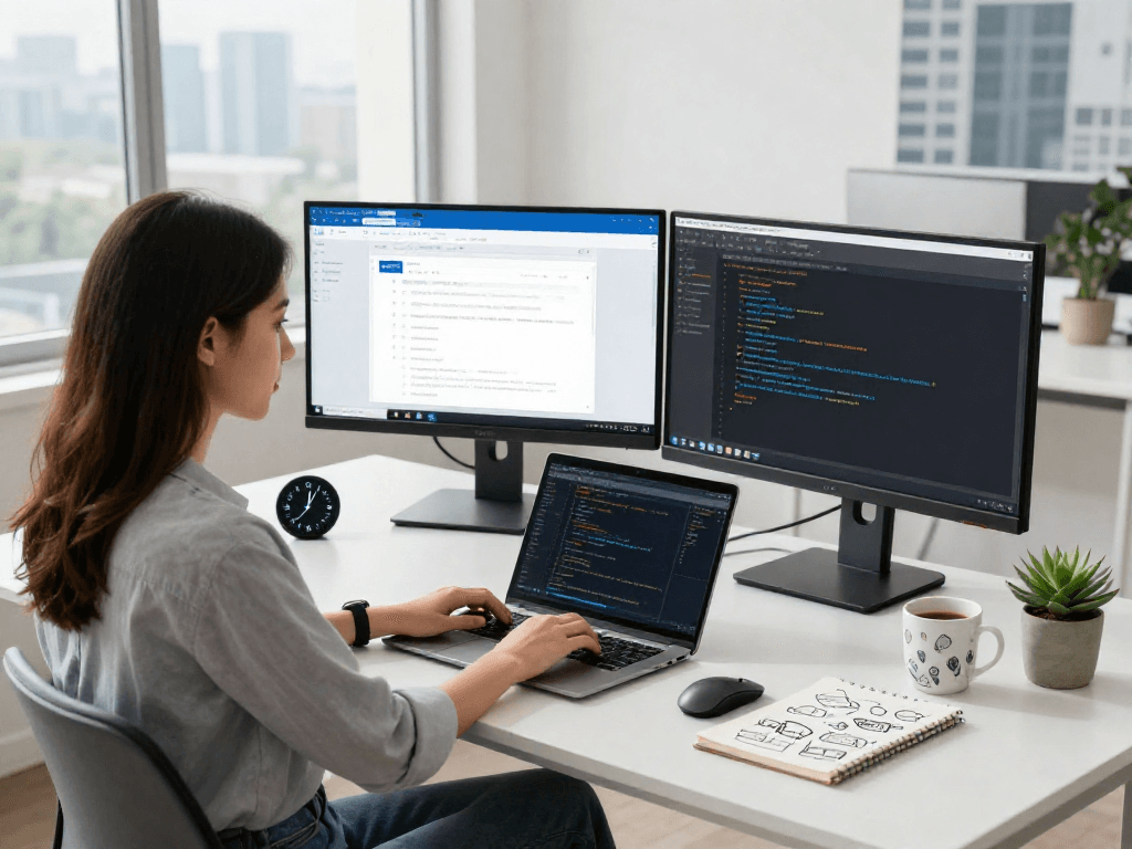 在现代办公室环境中，女性开发者使用WPS Office官网进行文档编辑，展示活力与专业的工作氛围。