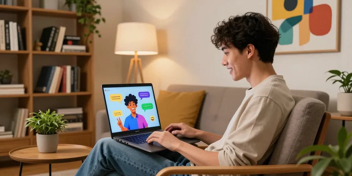 Exciting ai 18+ virtual interaction scene with a young adult chatting with a colorful AI character in a stylish living space.