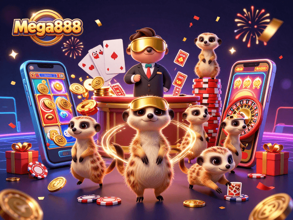 Permainan mega888 menarik dengan koloni meerkat mengendalikan operasi kasino dan chip berterbangan.
