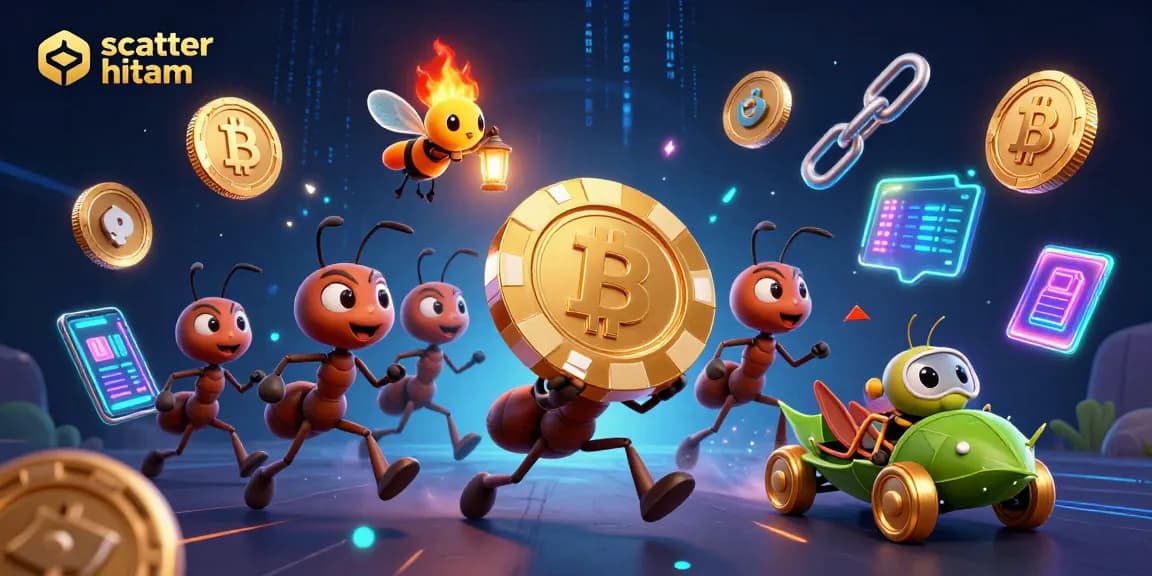 Experience scatter hitam in an exciting heist scene with vibrant casino elements and crypto coins.