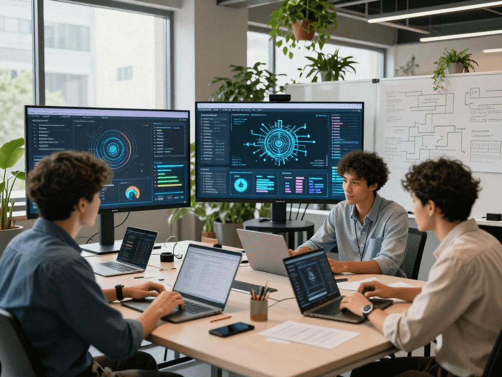 Group of professionals collaborating on spicy AI projects in a dynamic urban office.