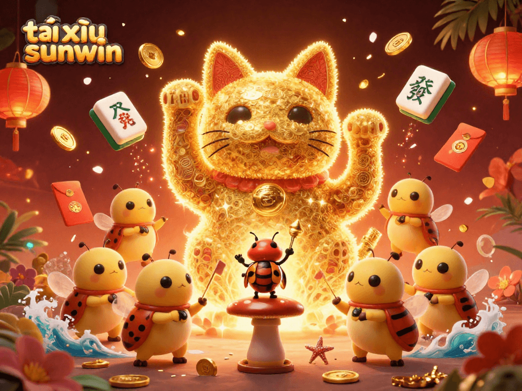 Tài xỉu sunwin stars as a golden lucky cat amidst lively casino symbols.