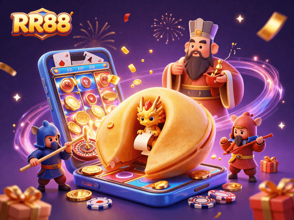 Win big at RR88 with vibrant slot games featuring a golden fortune cookie and dynamic gaming elements.