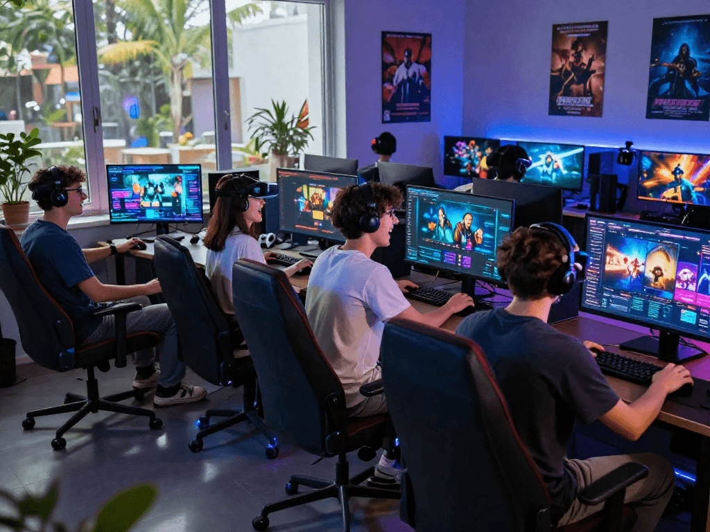 Group of diverse gamers enjoying real porn games in a vibrant digital gaming space.