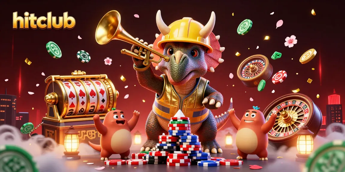 Hitclub gaming adventure with a triceratops building poker chip pyramids and celebrating companions amid casino elements.