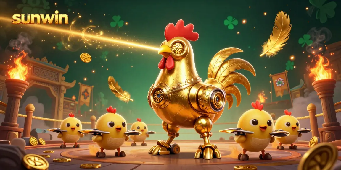 Experience thrilling gameplay with sunwin's golden rooster robot shooting lasers amidst vibrant casino action.