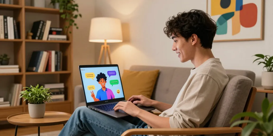 Exciting ai 18+ virtual interaction scene with a young adult chatting with a colorful AI character in a stylish living space.