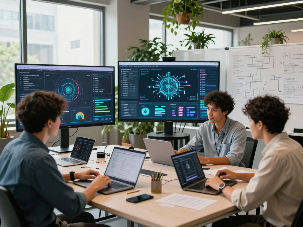 Group of professionals collaborating on spicy AI projects in a dynamic urban office.
