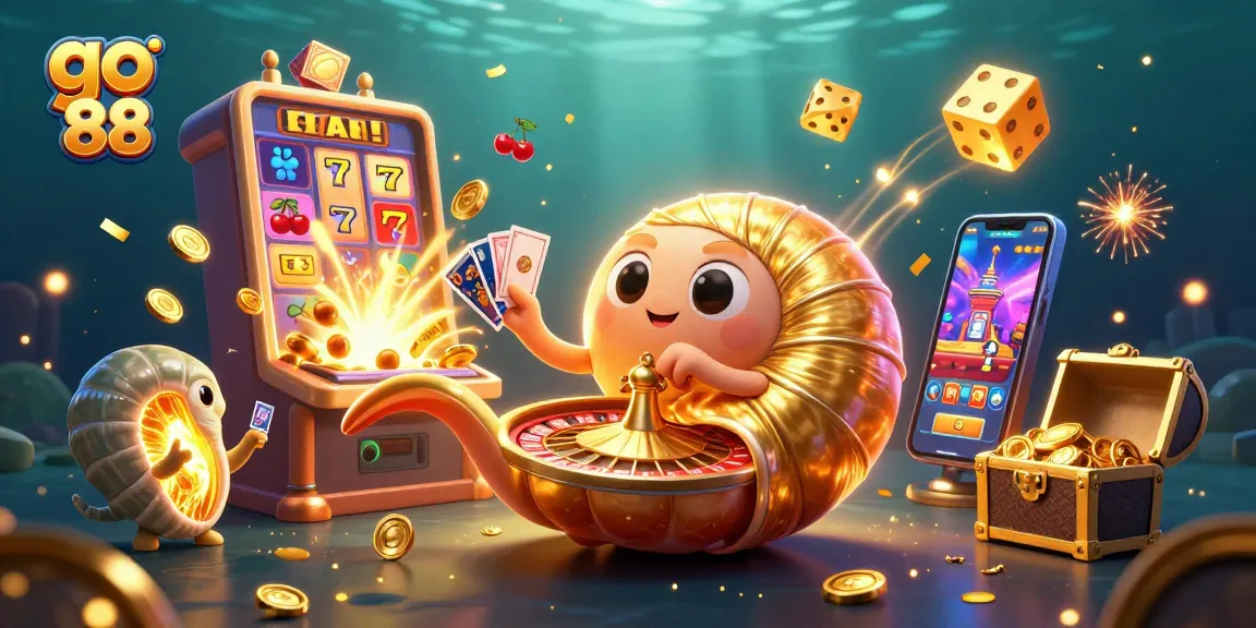 Experience the thrill of go 88 with a vibrant 3D illustration featuring a giant nautilus and various casino elements.