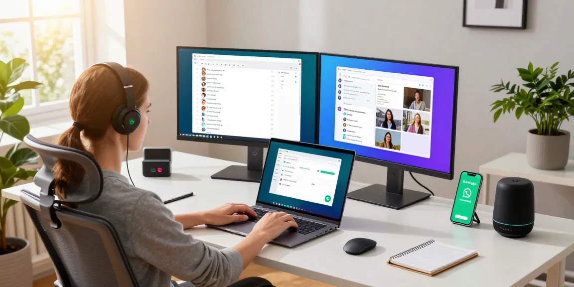 Using WhatsApp電腦版 on a laptop in a modern home office setting, demonstrating productivity.