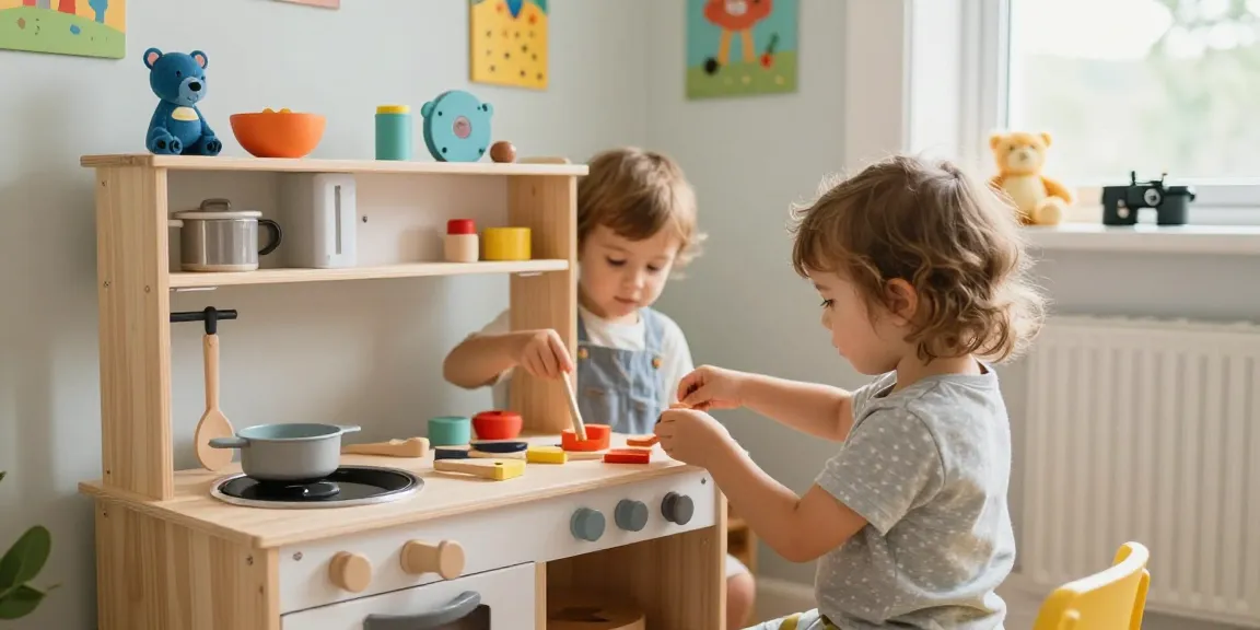 Children joyfully playing with a wooden kitchen set, enhancing imaginative play and creativity.