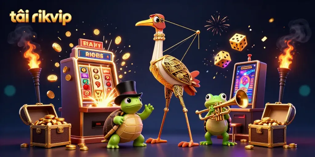 Tải rikvip with vibrant casino themes featuring 3D characters, jackpot explosions, and gaming symbols for immersive action.