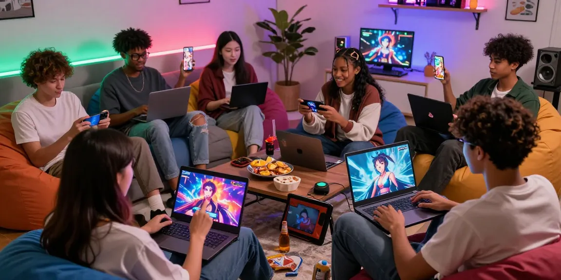 Engaged players enjoying an online hentai game in a vibrant living room setting with multiple devices.