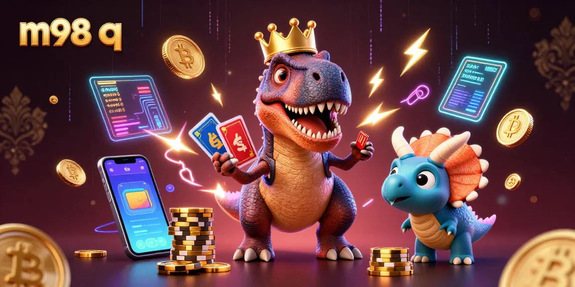 Engage with m98 q as a T-Rex shuffles cards while stacking chips in a vibrant casino scene.