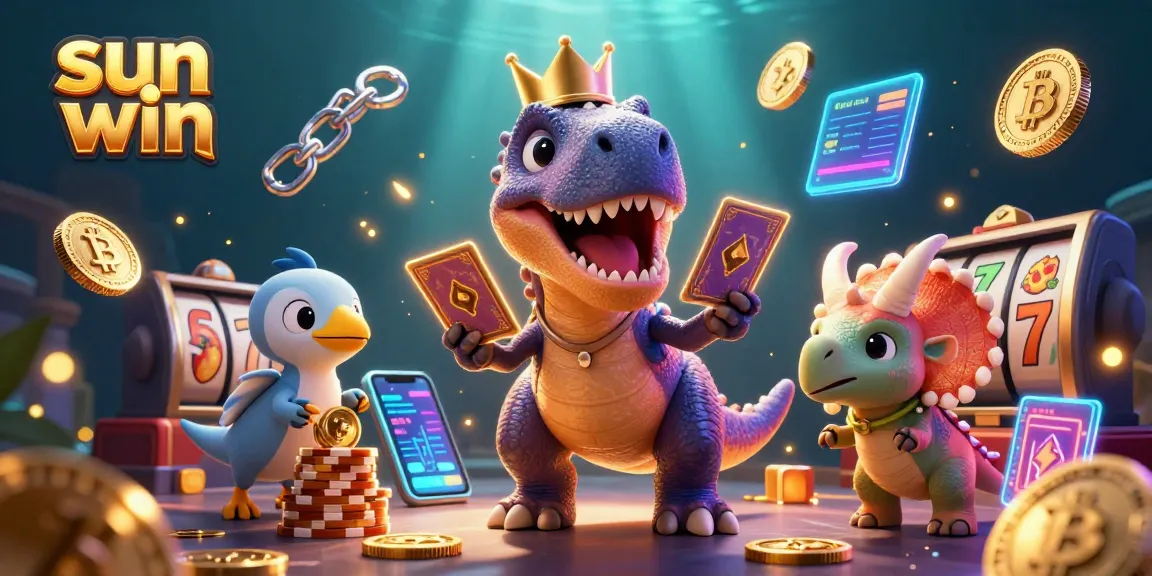 Win big at sun win with friendly dinosaur characters playing slots in a vibrant casino scene.