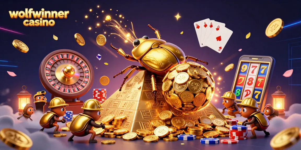 Experience the excitement of wolfwinner casino with animated golden dung beetles and casino elements.