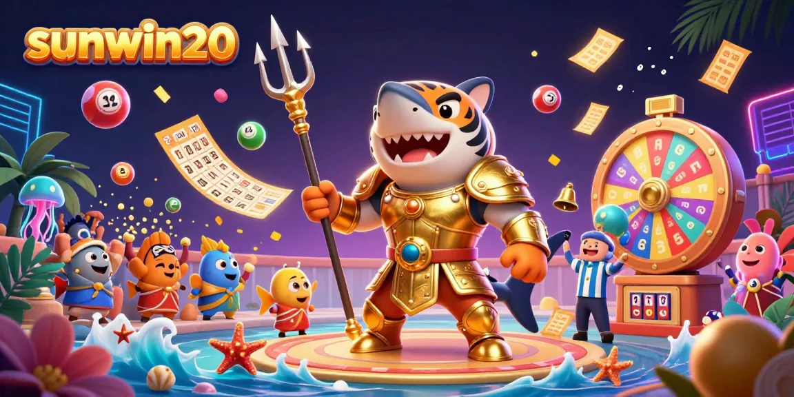 Engage in the action at sunwin20 with a vibrant underwater casino scene featuring a golden gladiator shark.