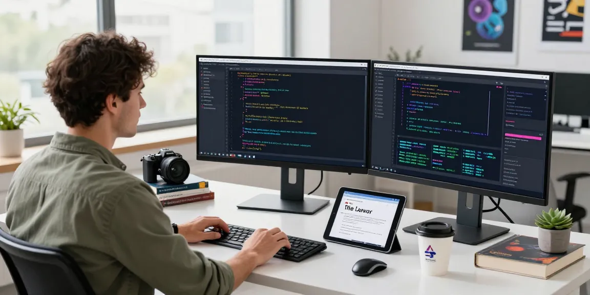 Data scientist using machine learning tools at a modern workspace with dual monitors and code visualizations.