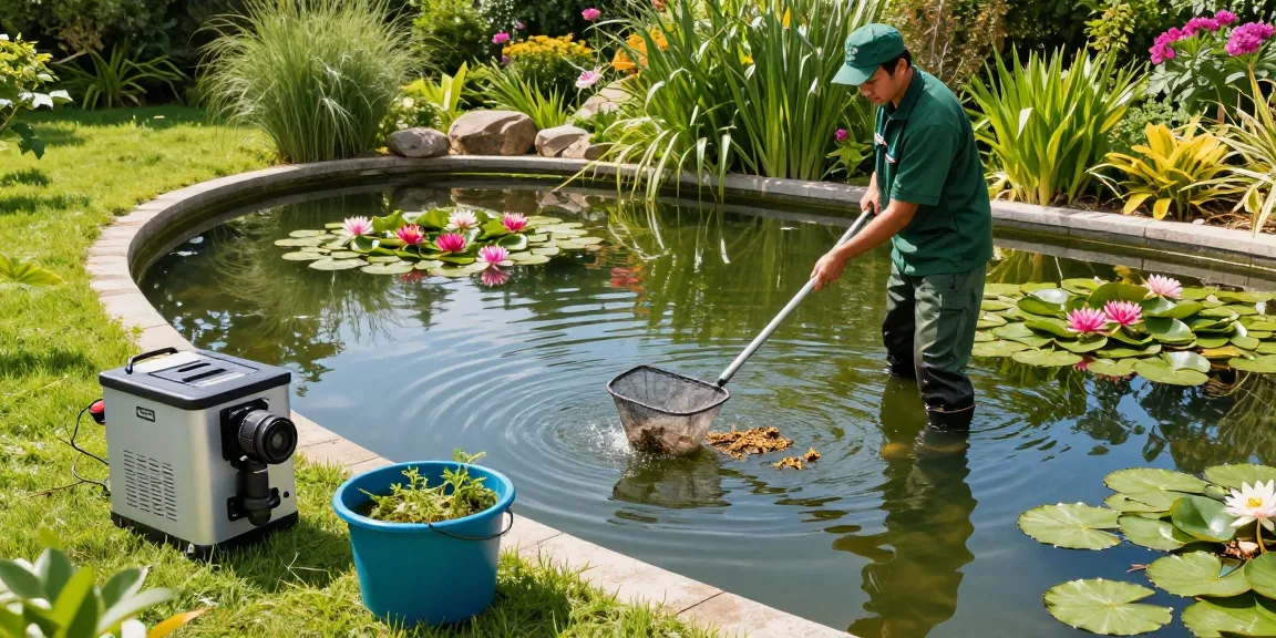 Pond cleaning guy expertly maintaining a serene garden pond, ensuring a healthy aquatic ecosystem.