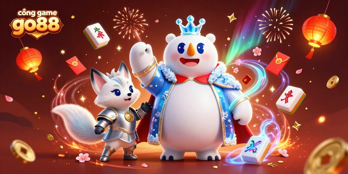 Experience thrilling adventures at cổng game go88 with a cartoon ice king, snow fox, and festive elements.