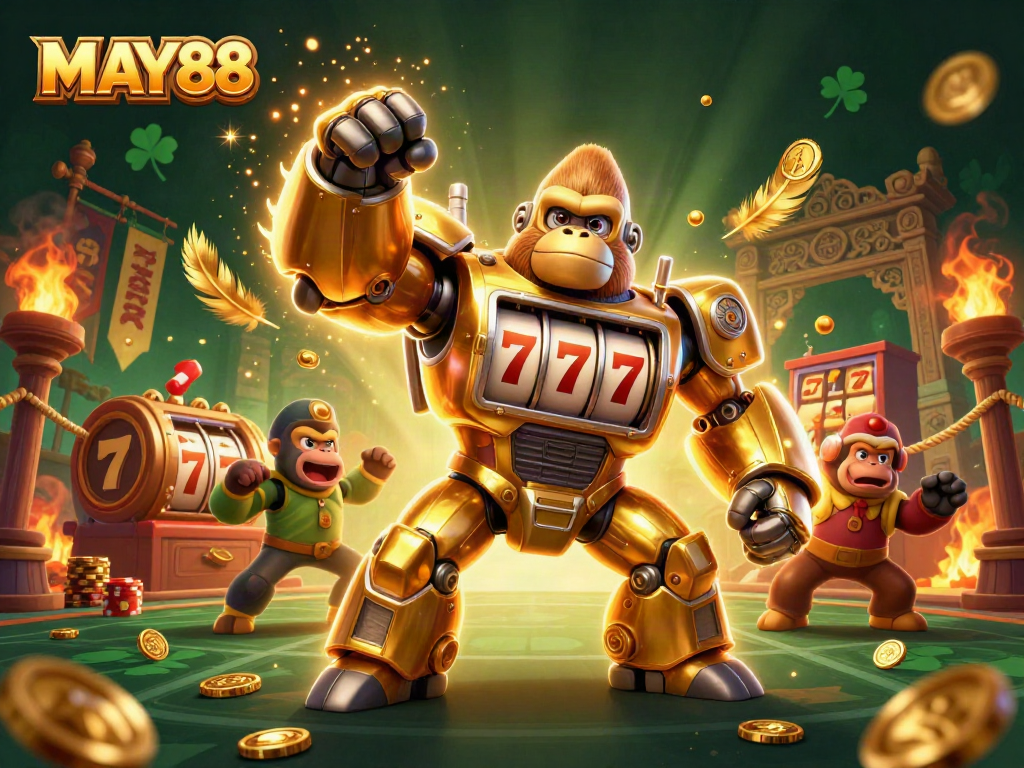 MAY88 showcases a dynamic 3D cartoon illustration of a golden mech gorilla and coin explosions in a thrilling casino setting.