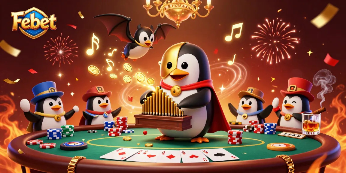 Febet penguin plays organ shooting coins while acrobat bat performs above in a vibrant casino scene.