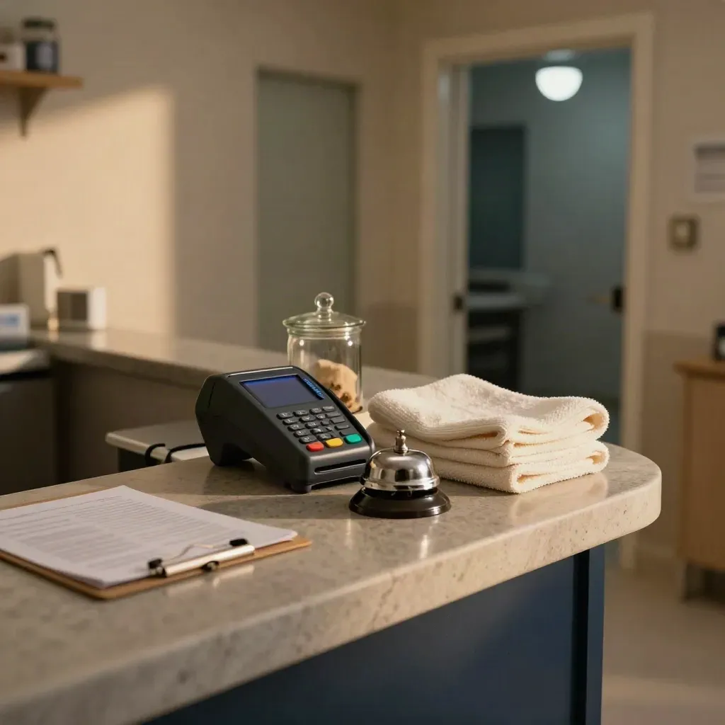 Quiet vet clinic side counter with terminal, bell, towel, treat jar and face-down clipboard at night.