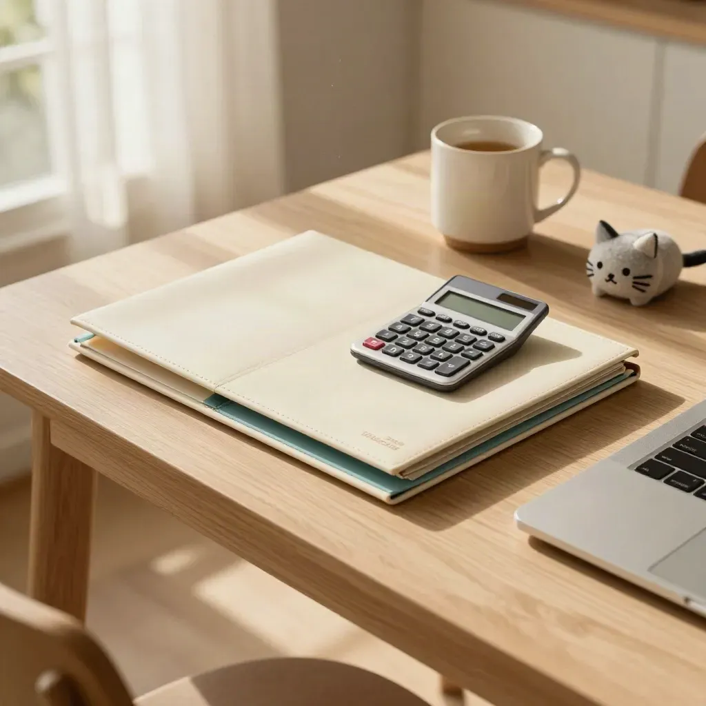 Kitchen table with pet insurance folders, calculator, mug, cat toy and angled laptop in morning light.