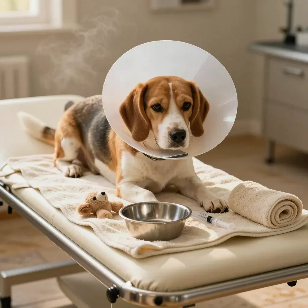Beagle in pale e-collar steadies on a cream blanket with vet bowl, towel, toy and syringe cap.
