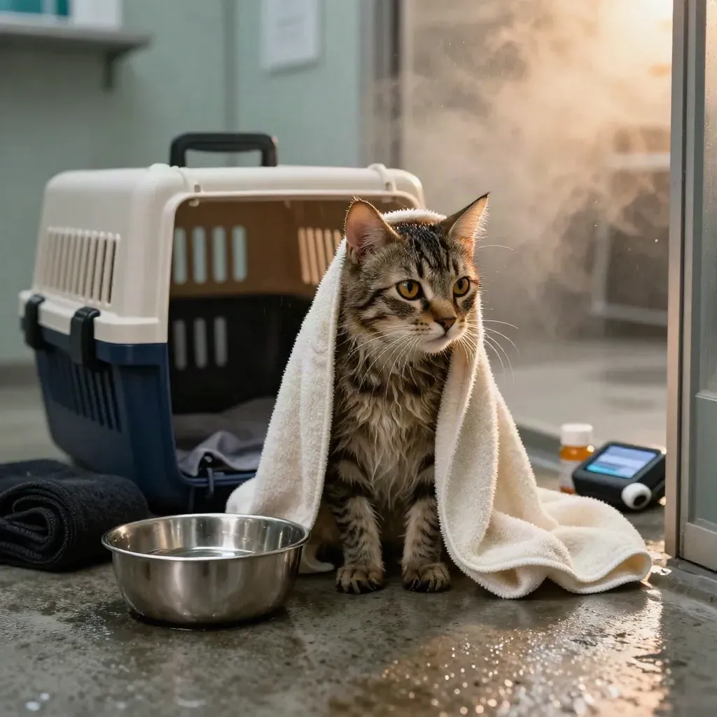 Wet tabby cat in towel beside carrier and vet supplies after a rainy emergency dash