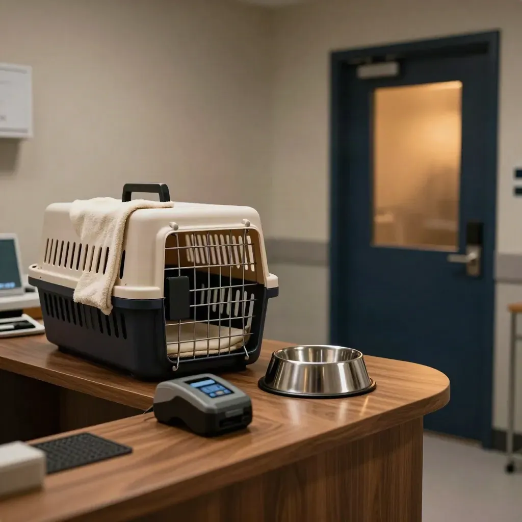 Vet front desk set for emergency payment, with carrier, blanket, bowl and card reader by a glowing doorway.