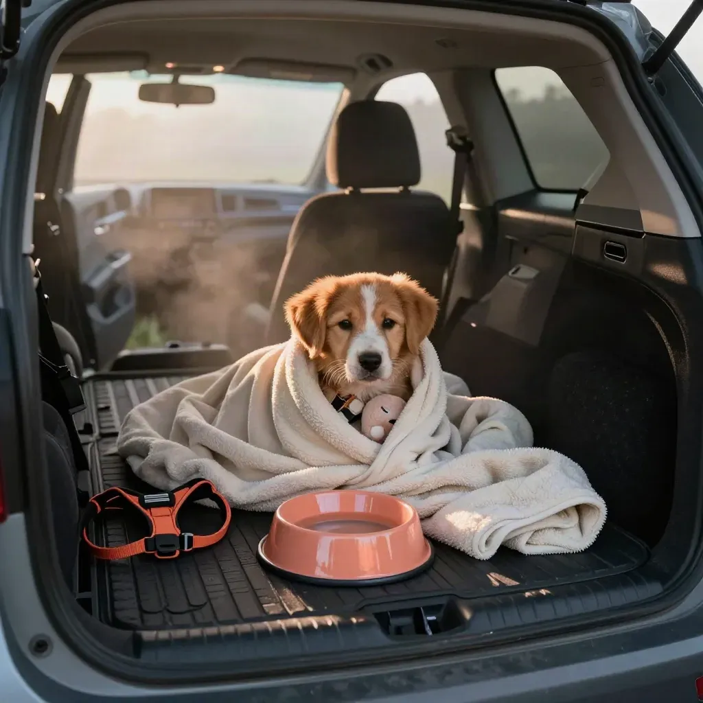 Rescue puppy settling in a car footwell with blanket, bowl, toy, harness and towel at dawn.
