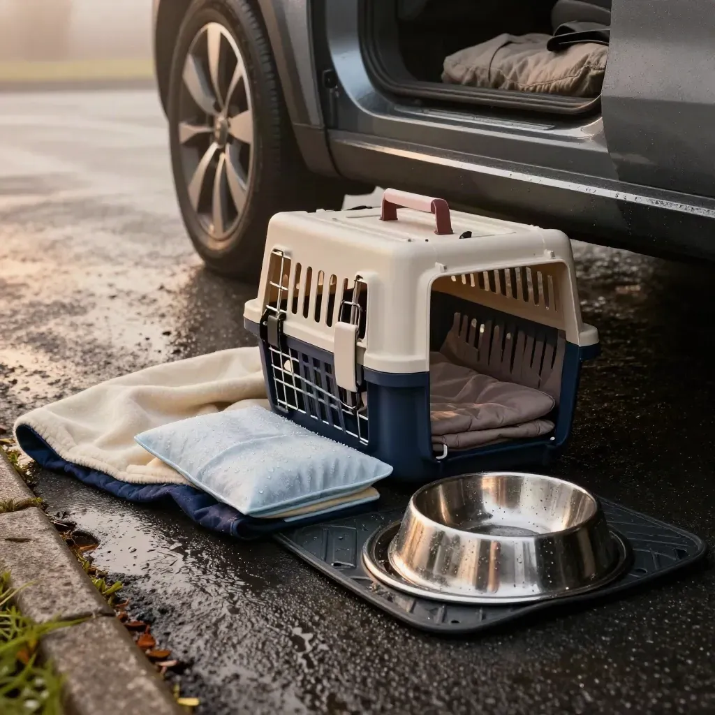 Open car boot with dog blanket, cooling pack, carrier and bowl in rainy emergency prep.