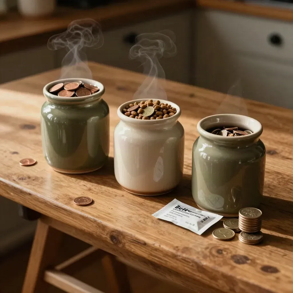 Overhead kitchen budget scene with ceramic jars, coins, pet food tub and flea treatment pack.