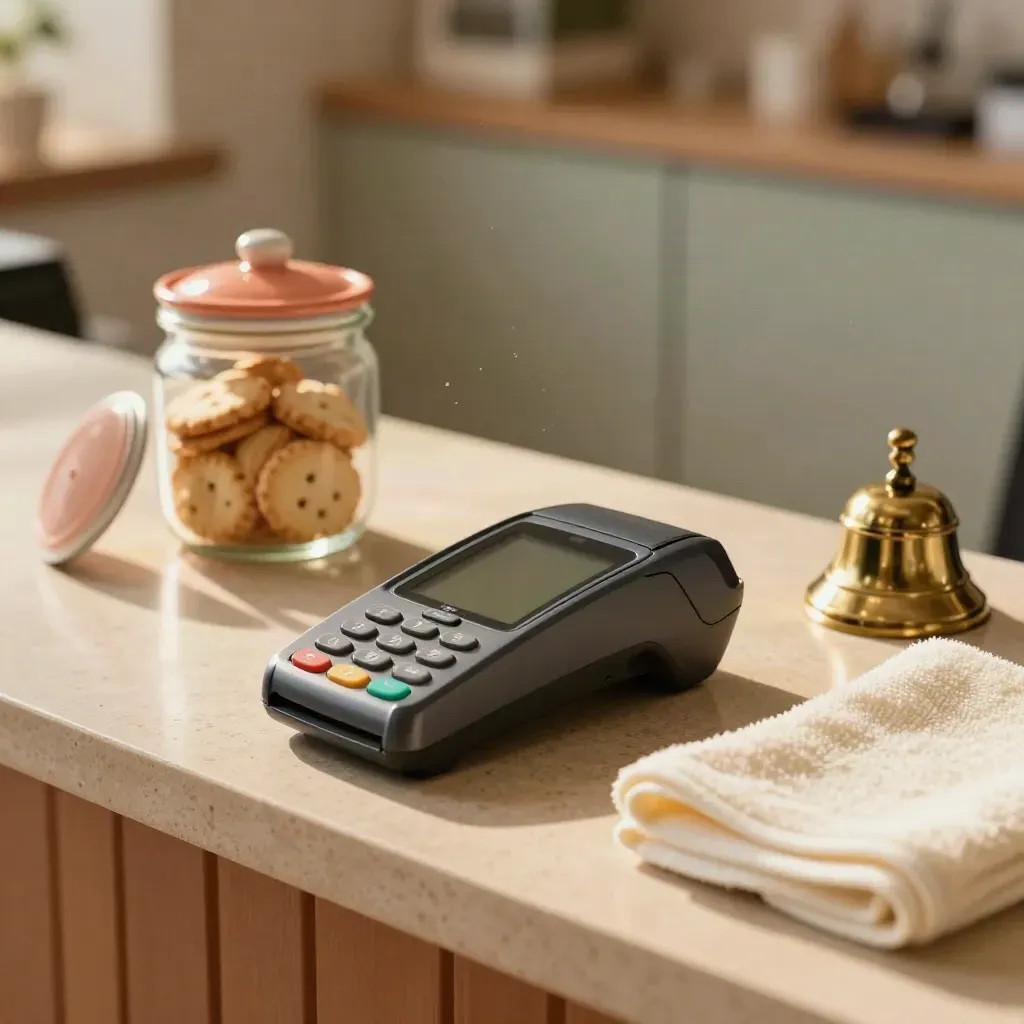Vet clinic counter with card reader, treat jar, brass bell and folded towel in warm window light
