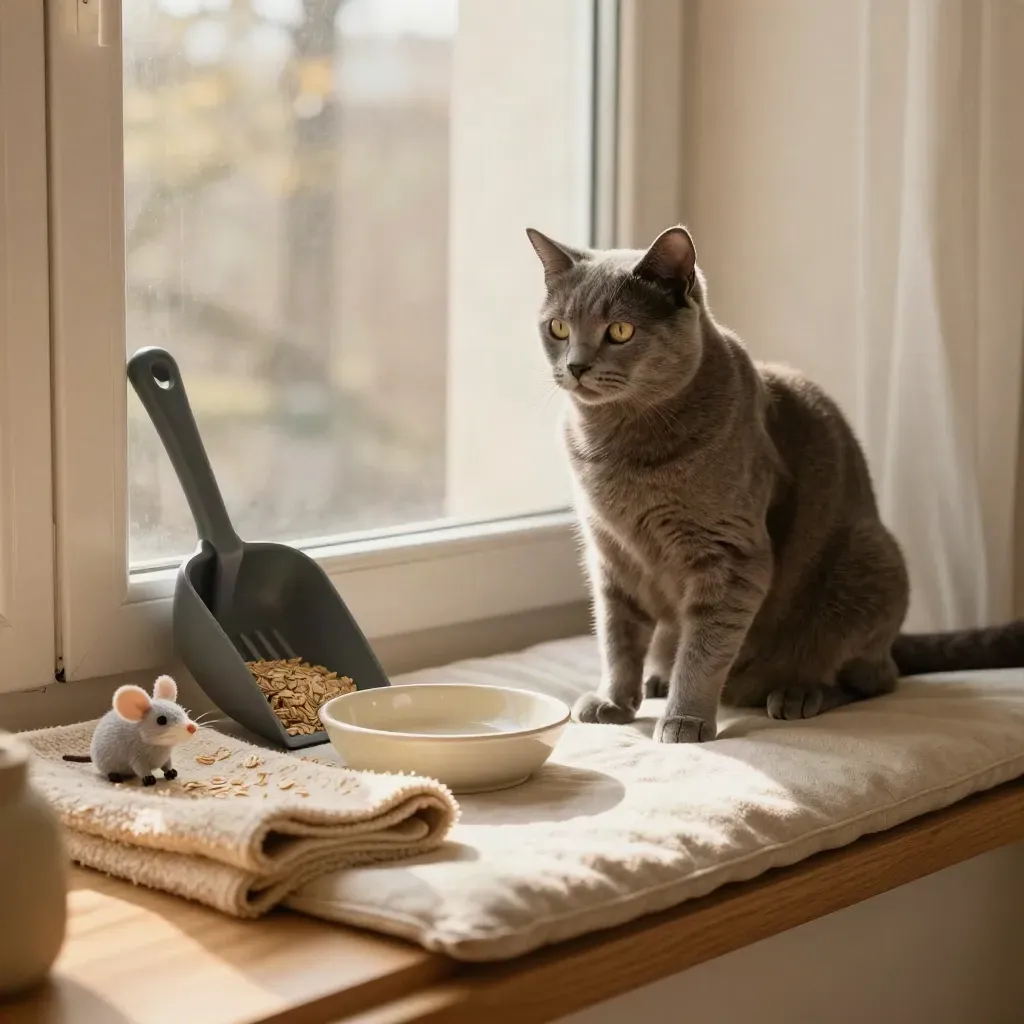 Cat on a window seat beside litter scoop, dish, blanket and toy mouse