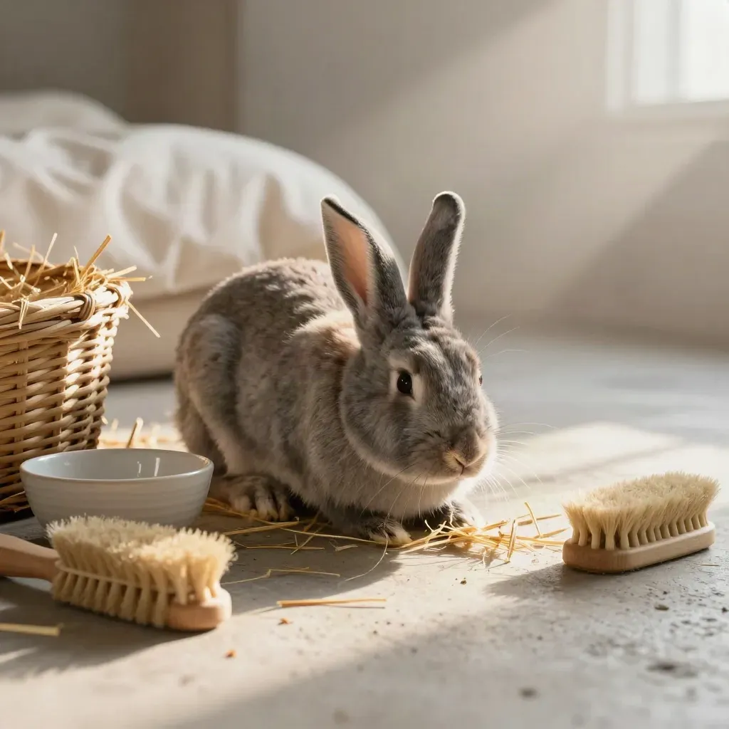 Rabbit nosing bedding beside hay, a brush and ceramic bowl in cool morning mist.