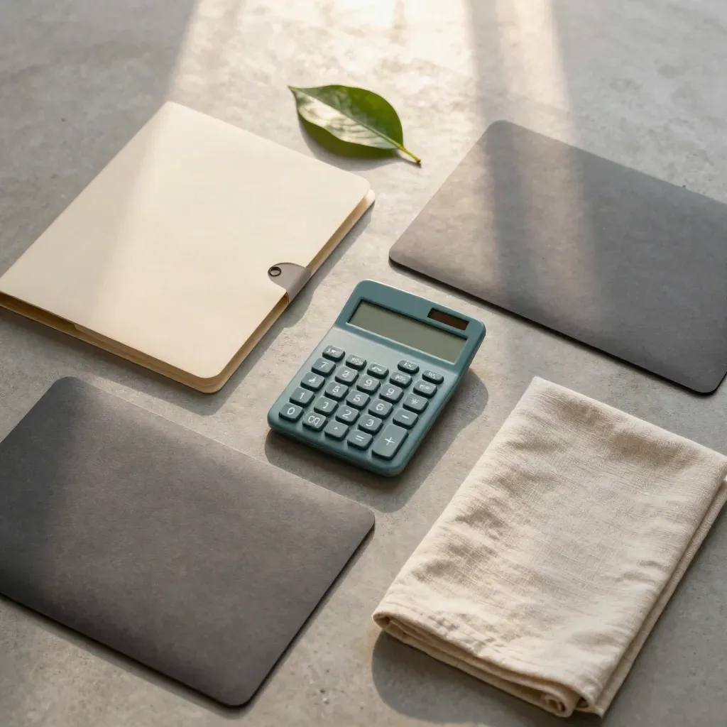 Top-down still life of insurance folders, calculator, cloth and leaf sprig on concrete.