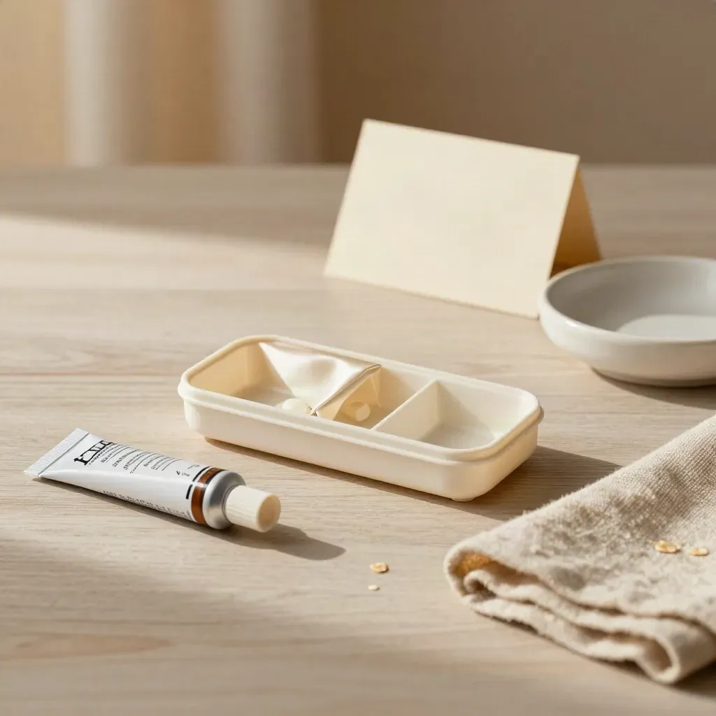 Pill organiser, flea treatment tube, ceramic dish and folded linen on pale wood.