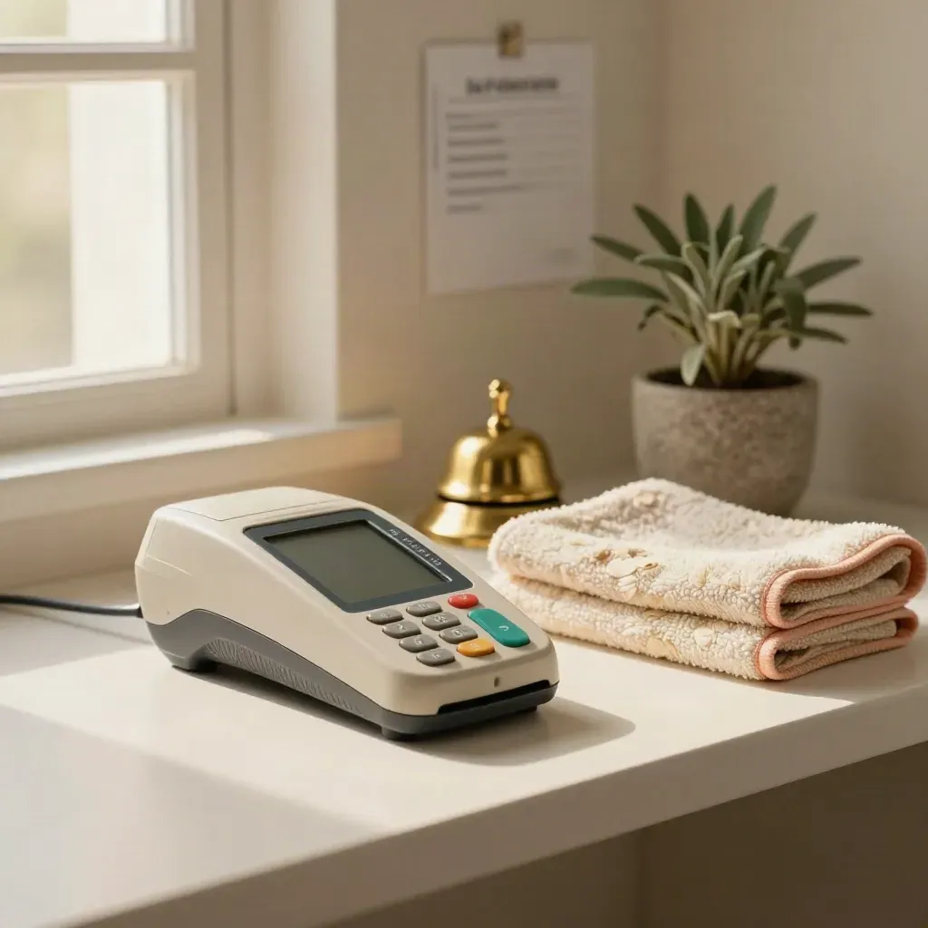 Card terminal, brass bell, folded towel and plant on a clinic shelf in soft window light.