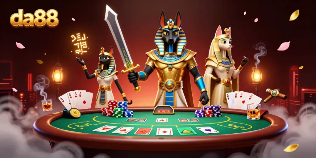da88 powers up the gaming scene with Anubis and Bastet at a vibrant poker table