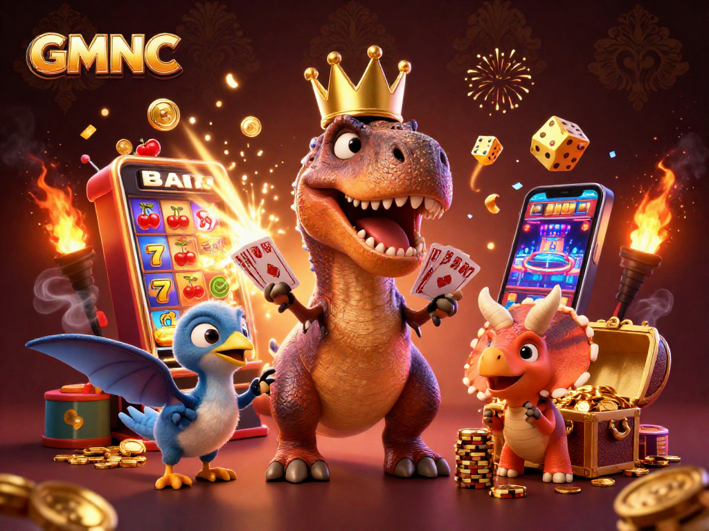 Experience the thrill of gaming as GMNC with a friendly T-Rex and triceratops at a vibrant casino scene.