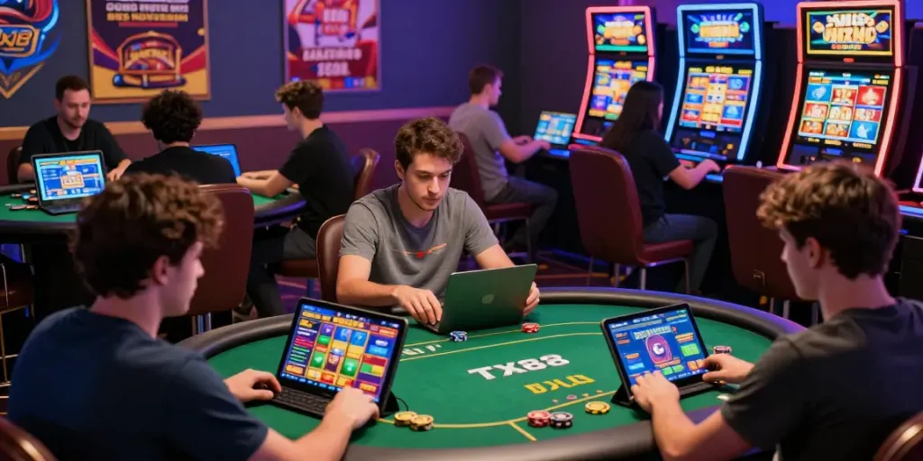 Engaged players enjoying various games on the nhà cái tx88 platform, highlighting vibrant gaming atmosphere and community.