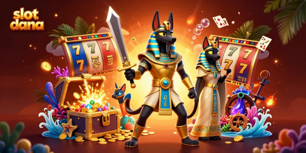 Engage with thrilling slot dana gameplay featuring 3D Egyptian warrior Anubis amidst gold coins and slot reels.