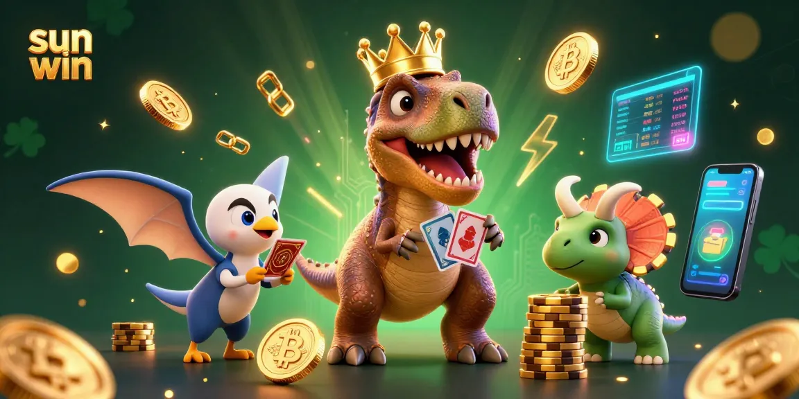 Experience sun win excitement as T-Rex deals cards with a pterodactyl's help in an energetic casino scene.
