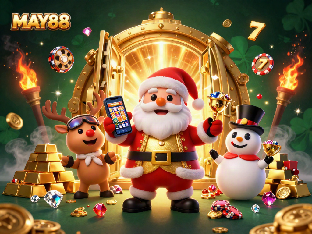 Spin jackpots at MAY88 with Santa, his reindeer dealer, and a chip poker snowman.