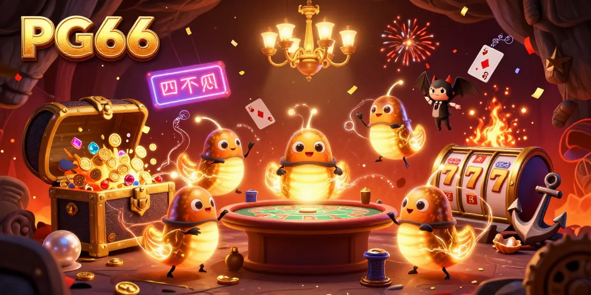 Experience the vibrant action of PG66 with glowworms illuminating a lively casino scene, filled with gold coins and festive decorations.