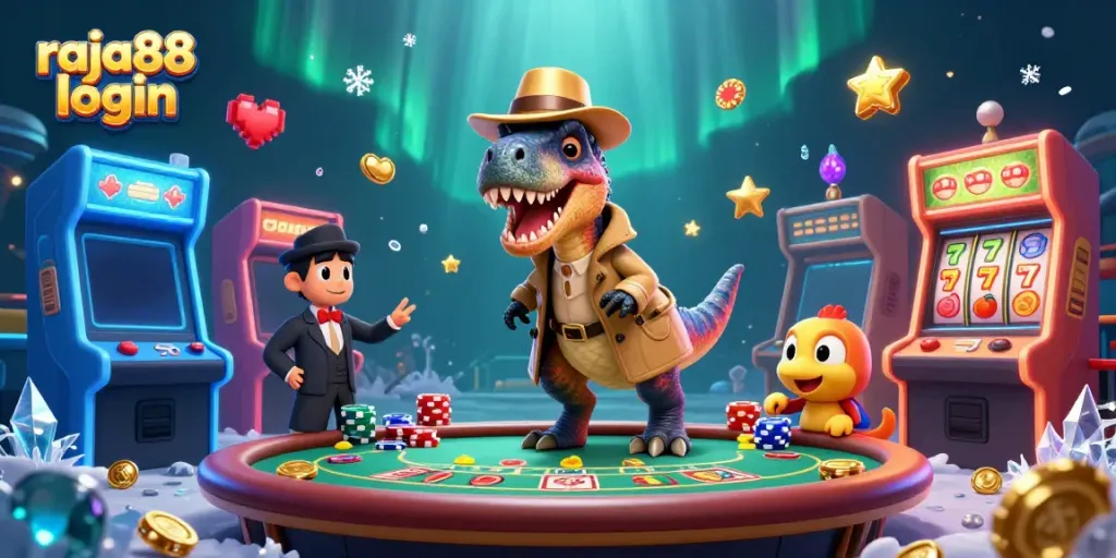 Experience exciting table action at raja88 login with a unique velociraptor and dinosaurs in this vibrant casino scene.