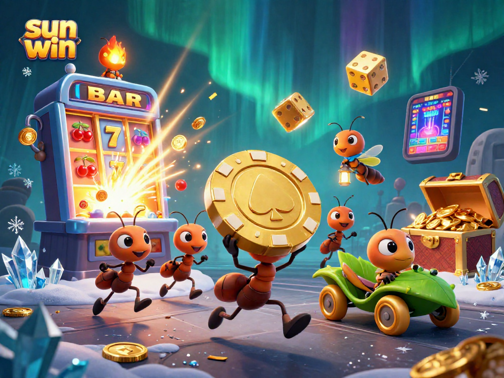 Engage with sun win in this animated heist, featuring a team of ants carrying a giant poker chip amidst exploding slot machines.