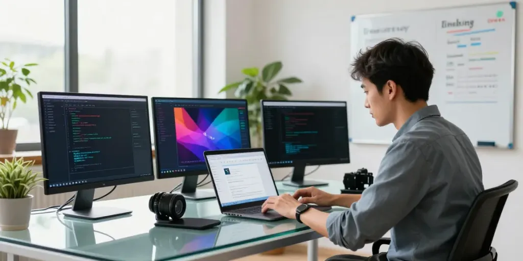 SEO specialist optimizing instant indexing tools in a bright tech workspace.